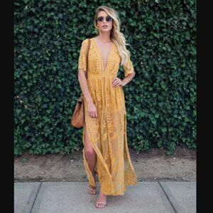 Honey Punch HYFVE Boho Marigold Yellow Lace Romper Maxi Dress S
